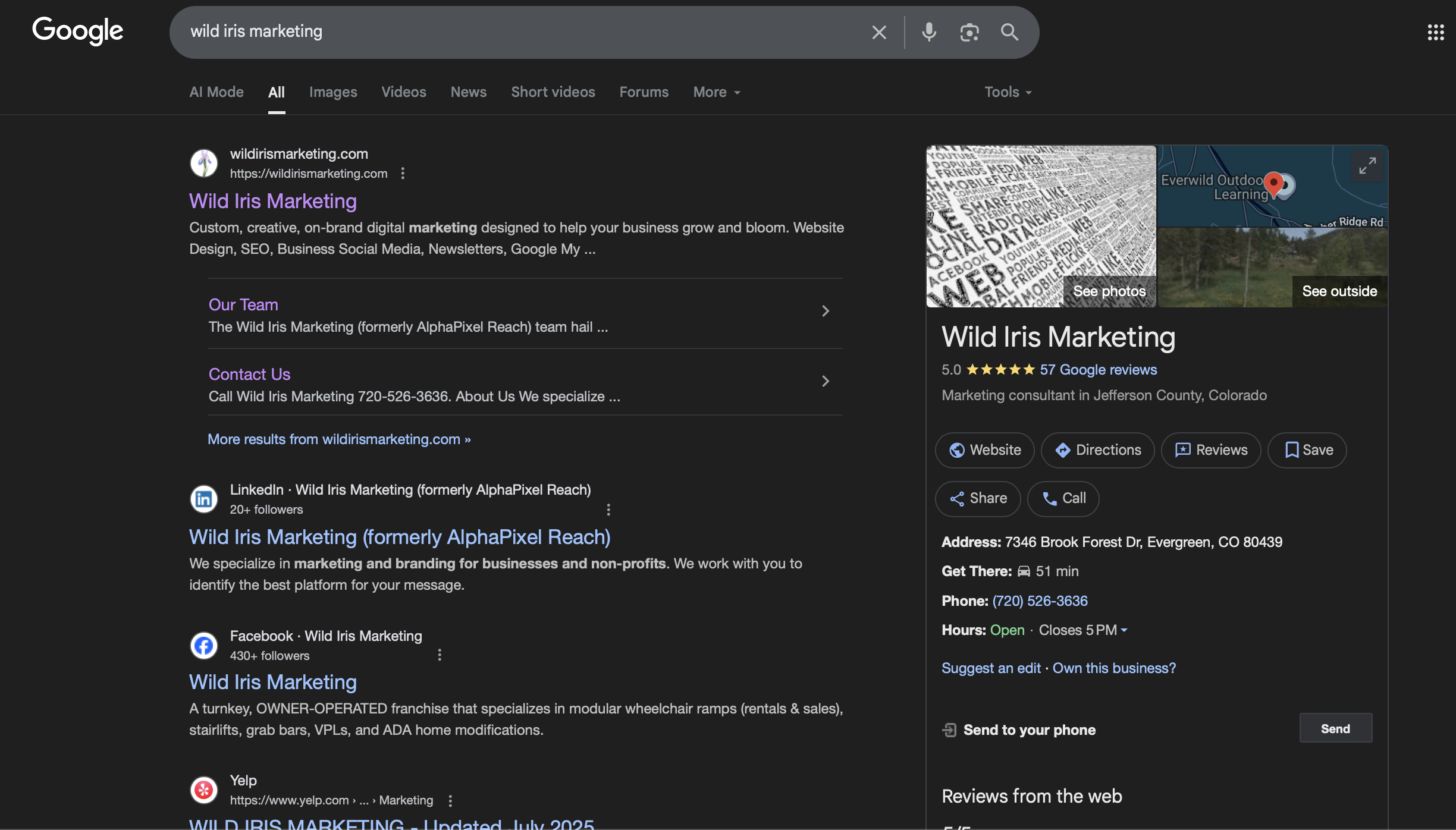 A screenshot of a google search for Wild Iris Marketing and it's Google Business Profile.